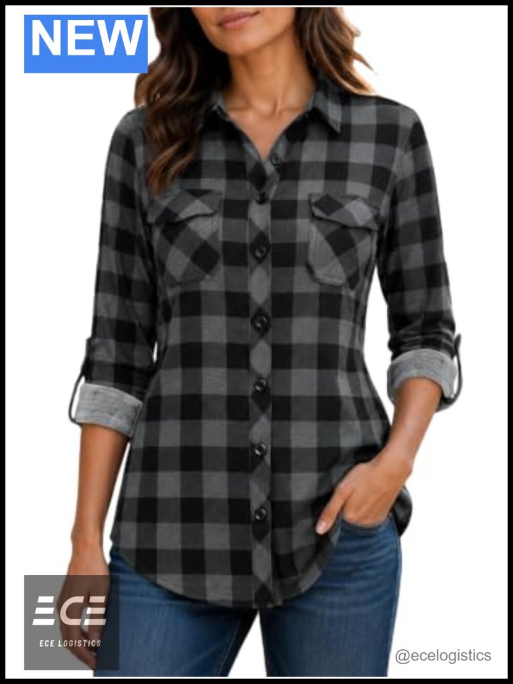 BAISHENGGT Women's Stretchy Knit Plaid Button Down Shirt Roll Up Sleeve Blouse